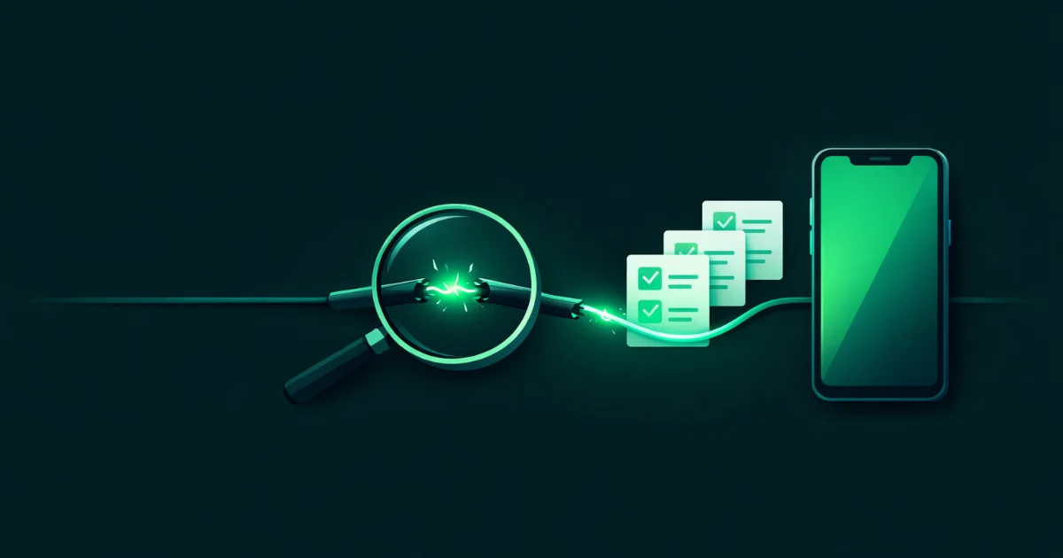 Лупа над разрывом линии связи, рядом карточки с отметками проверки и смартфон