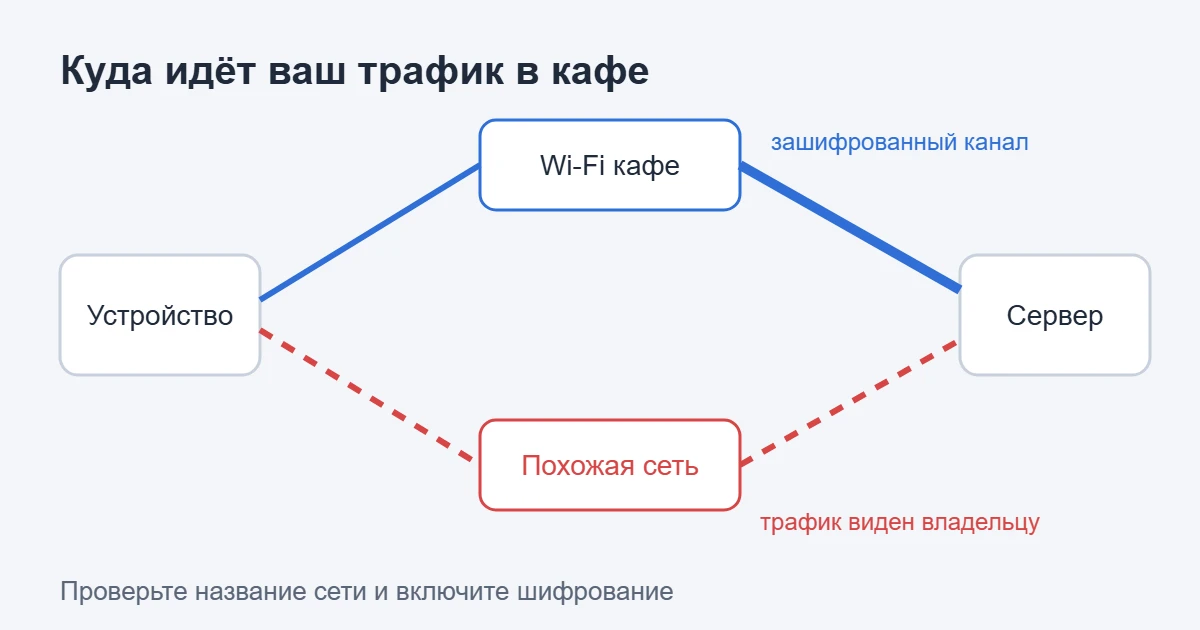 Схема публичной сети Wi-Fi — ноутбук, роутер кафе и поддельная точка доступа, рядом защищённый канал до сервера